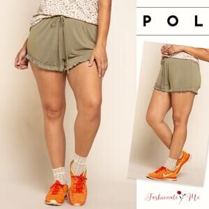 🌟POL Olive Light Weight Drawstring Waist Ruffle Trim Detail Shorts | Size L